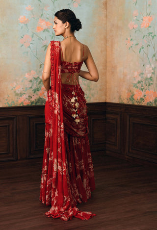 Crimson red zia sharara sari set