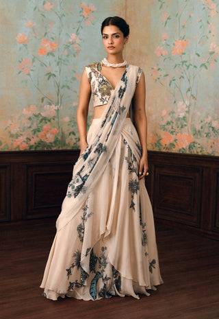 Ivory and space blue wolfe sari set