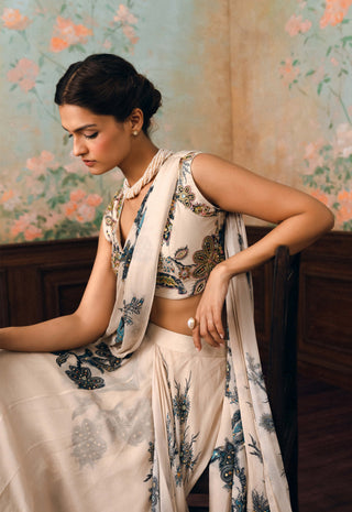 Ivory and space blue wolfe sari set