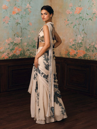 Ivory and space blue wolfe sari set