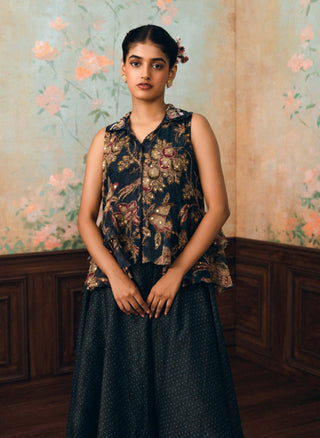Space blue cherie kurta, pant and gilet set