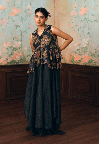 Space blue cherie kurta, pant and gilet set