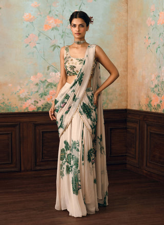 Ivory and forest green teresa sari set