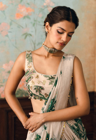 Ivory and forest green teresa sari set