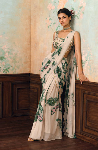 Ivory and forest green teresa sari set