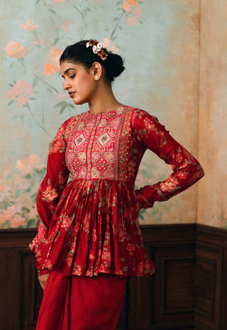 Crimson red tori peplum and skirt set