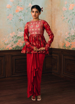 Crimson red tori peplum and skirt set