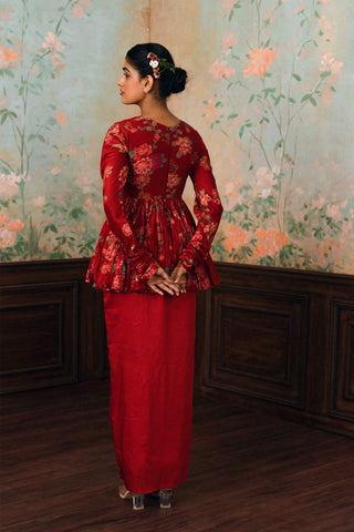 Crimson red tori peplum and skirt set