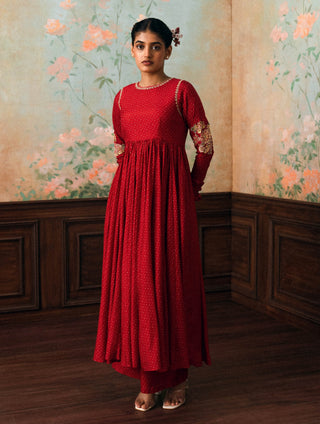 Crimson red corrine anarkali set