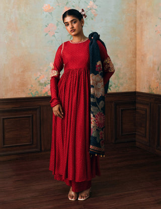 Crimson red corrine anarkali set