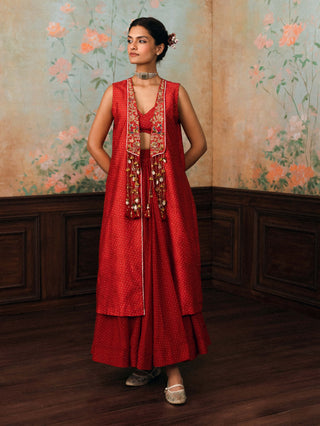 Crimson red delia jacket, blouse and skirt set