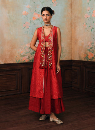 Crimson red delia jacket, blouse and skirt set