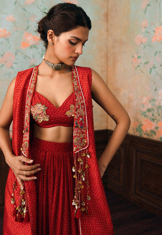 Crimson red delia jacket, blouse and skirt set