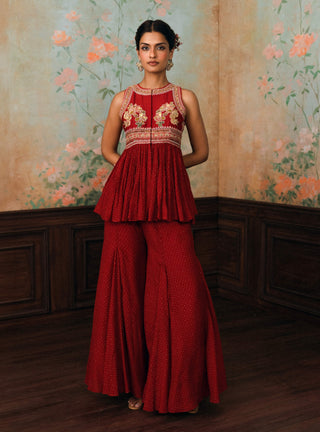 Crimson red merlia peplum and palazzo set