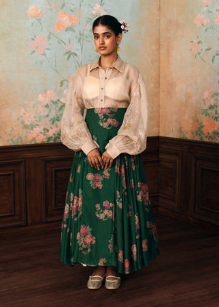 Ivory and forest green solstice shirt and skirt set