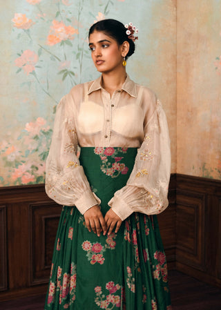 Ivory and forest green solstice shirt and skirt set