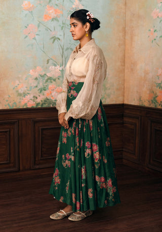 Ivory and forest green solstice shirt and skirt set