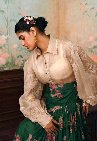 Ivory and forest green solstice shirt and skirt set