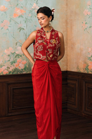 Crimson red rowena jacket, blouse and skirt set