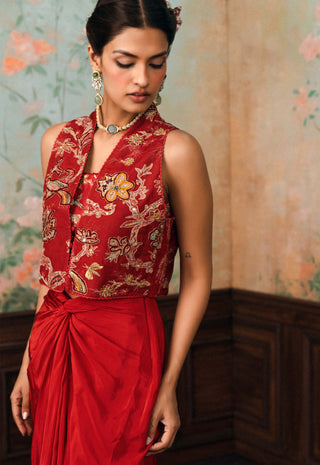 Crimson red rowena jacket, blouse and skirt set