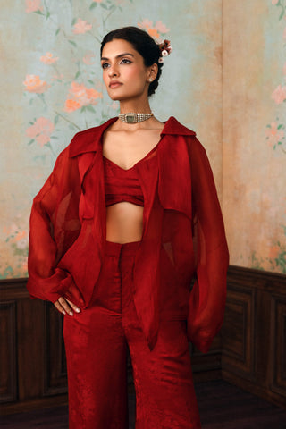 Crimson red silas jacket, blouse and trouser set