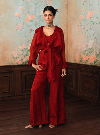 Crimson red silas jacket, blouse and trouser set