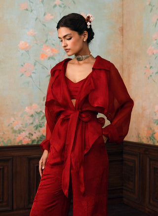 Crimson red silas jacket, blouse and trouser set