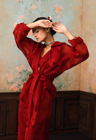 Crimson red silas jacket, blouse and trouser set