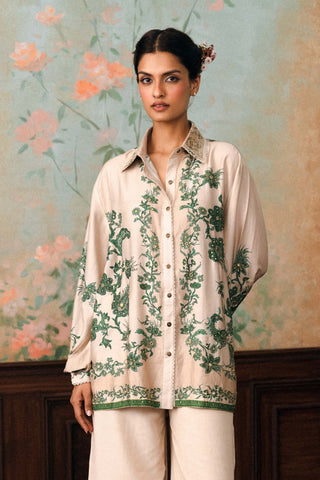 Ivory and forest green stacie embroidered shirt