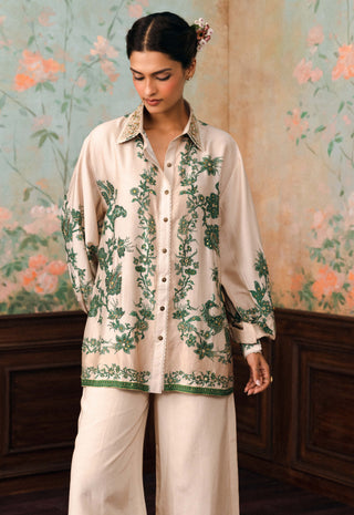 Ivory and forest green stacie embroidered shirt