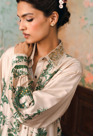 Ivory and forest green stacie embroidered shirt