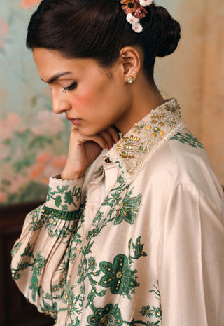 Ivory and forest green stacie embroidered shirt