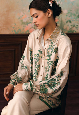 Ivory and forest green stacie embroidered shirt