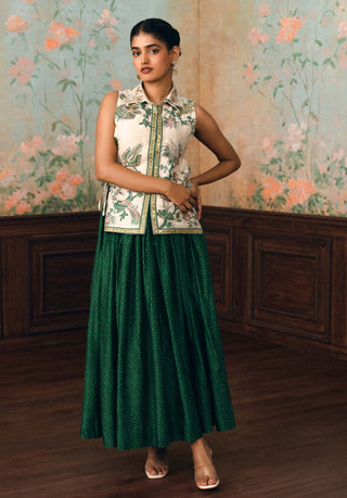 Ivory and forest green carlos bustier, shirt and skirt set