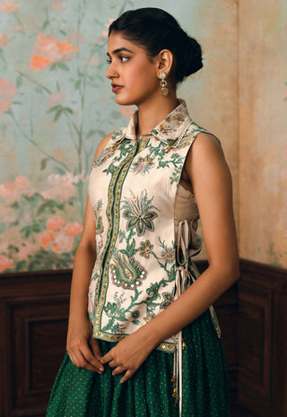 Ivory and forest green carlos bustier, shirt and skirt set