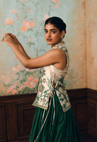 Ivory and forest green carlos bustier, shirt and skirt set