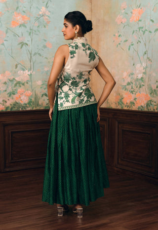 Ivory and forest green carlos bustier, shirt and skirt set