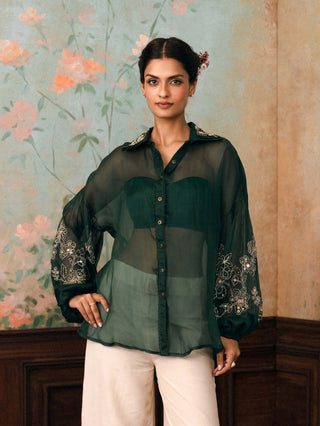 Forest green kylie embroidered organza shirt