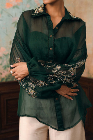 Forest green kylie embroidered organza shirt