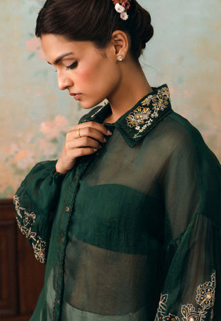 Forest green kylie embroidered organza shirt