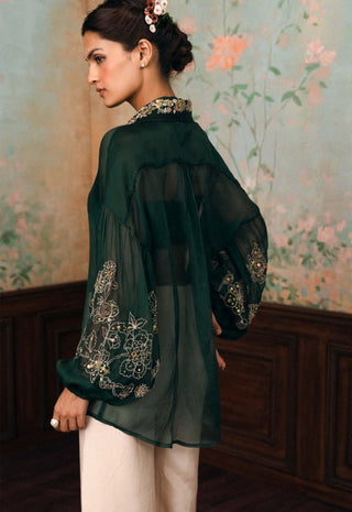 Forest green kylie embroidered organza shirt