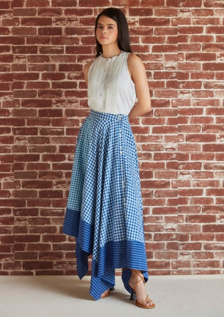 Blue check asymmetrical front open skirt