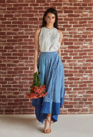 Blue check asymmetrical front open skirt