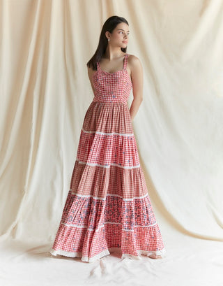 Red cotton check and printed tiered midi dress