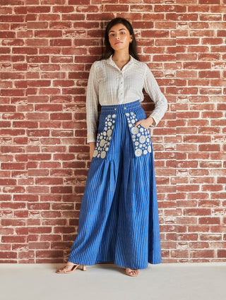 Blue cotton stripe pleated and embroidered palazzo