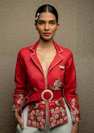 Red cotton floral embroidered shacket and belt