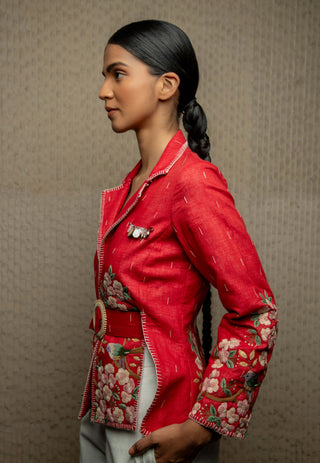 Red cotton floral embroidered shacket and belt