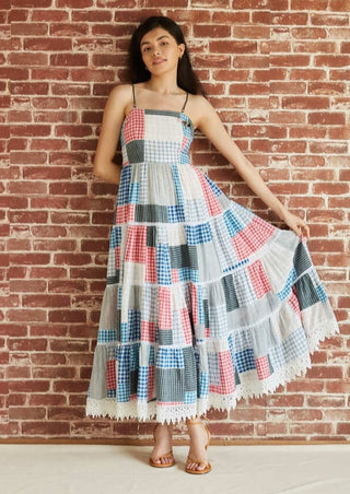 Multicolor check patchwork tiered midi dress
