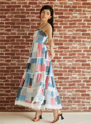 Multicolor check patchwork tiered midi dress