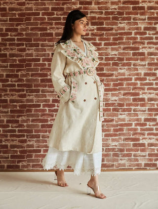 Ivory floral and bird embroidered trench